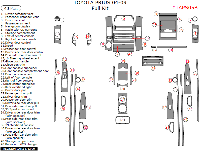 Toyota Prius 2004, 2005, 2006, 2007, 2008, 2009, Full Interior Kit, 43 Pcs. dash trim kits options