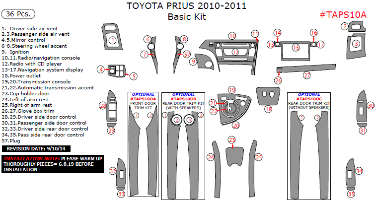 Toyota Prius 2010-2011, Basic Interior Kit, 36 Pcs. dash trim kits options