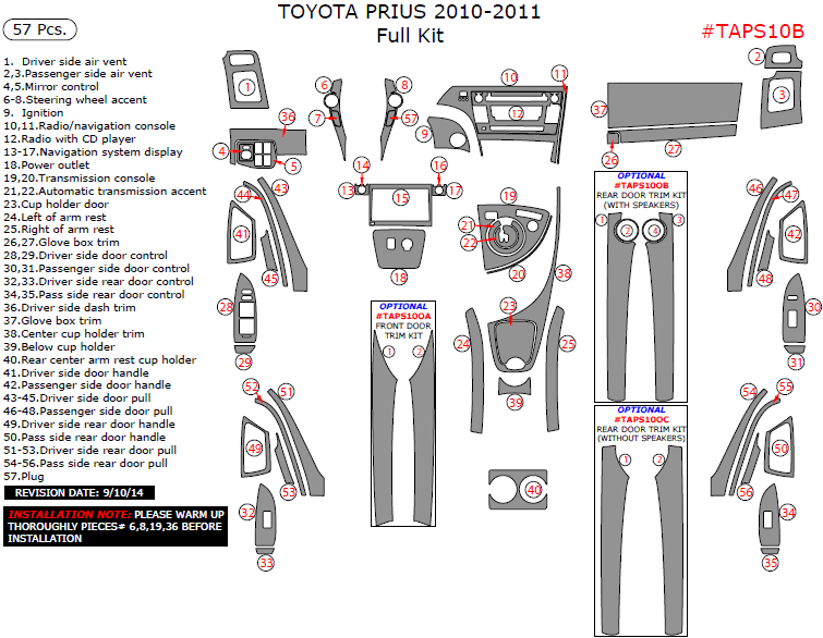 Toyota Prius 2010-2011, Full Interior Kit, 57 Pcs. dash trim kits options