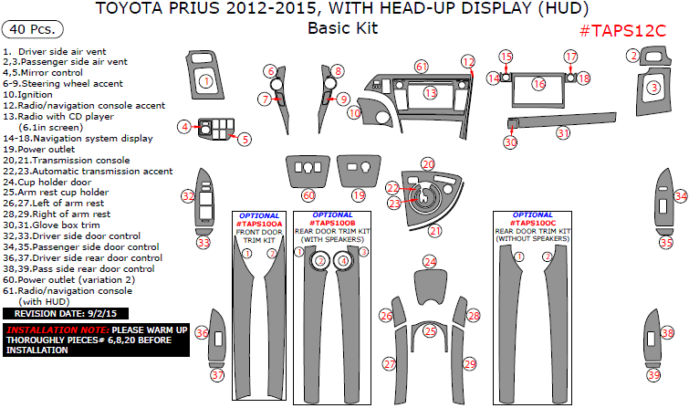 Toyota Prius 2012, 2013, 2014, 2015, With Head-up Display (HUD), Basic Interior Kit, 40 Pcs. dash trim kits options