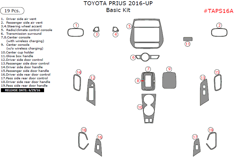 Toyota Prius 2016, 2017, Basic Interior Kit, 19 Pcs. dash trim kits options