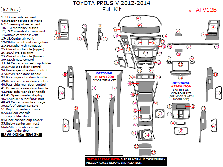 Toyota Prius V 2012, 2013, 2014, Full Interior Kit, 57 Pcs. dash trim kits options