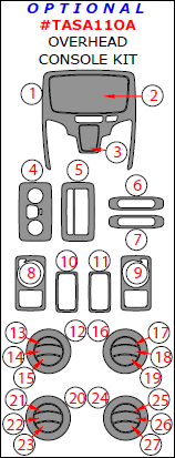 Toyota Sienna 2011, 2012, 2013, 2014, Optional Overhead Console Interior Kit, 27 Pcs. dash trim kits options