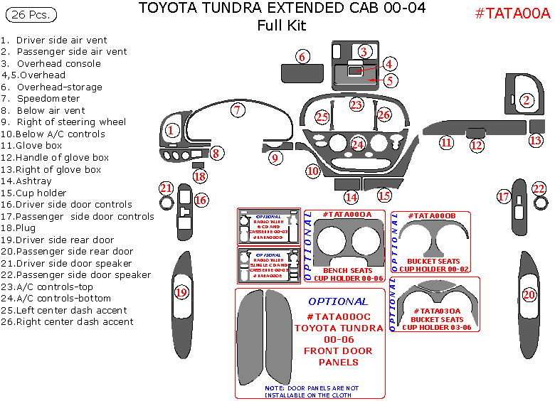 Toyota Tundra 2000, 2001, 2002, 2003, 2004, Extended Cab, Full Interior Kit, 26 Pcs. dash trim kits options