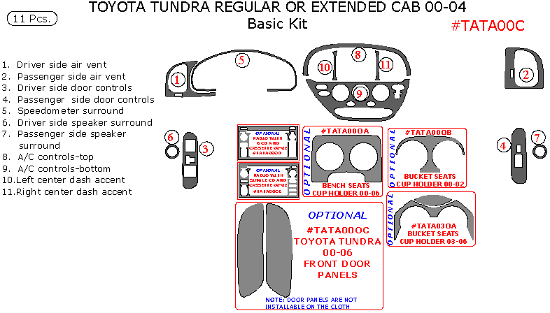 Toyota Tundra 2000, 2001, 2002, 2003, 2004, Basic Interior Kit, 11 Pcs. dash trim kits options