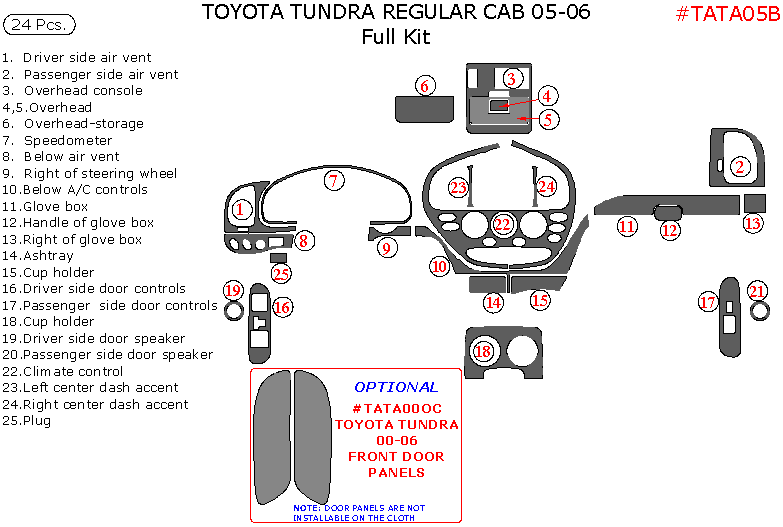 Toyota Tundra 2005-2006, Regular Cab, Full Interior Kit, 24 Pcs. dash trim kits options