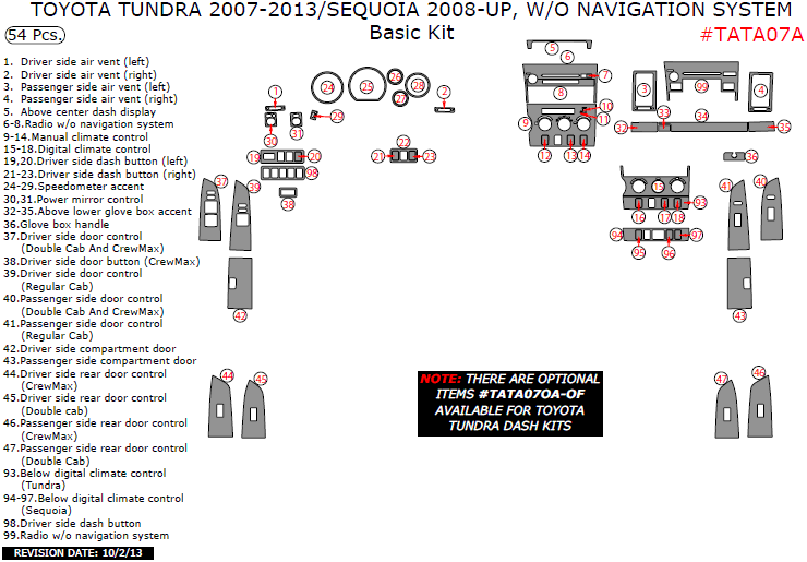 Toyota Sequoia 2008, 2009, 2010, 2011, 2012, 2013, Toyota Tundra 2007-2013, W/o Navigation System, Basic Interior Kit, 54 Pcs. dash trim kits options