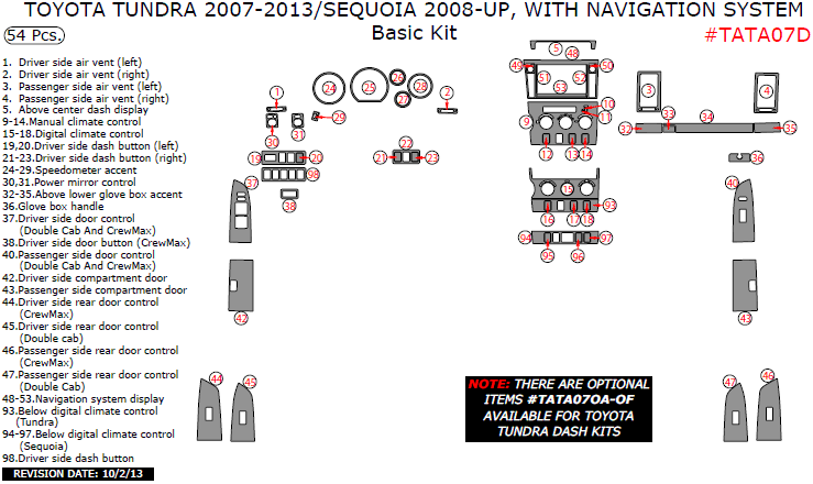 Toyota Sequoia 2008, 2009, 2010, 2011, 2012, 2013, 2014, 2015, Toyota Tundra 2007-2013, With Navigation System, Basic Interior Kit, 54 Pcs. dash trim kits options