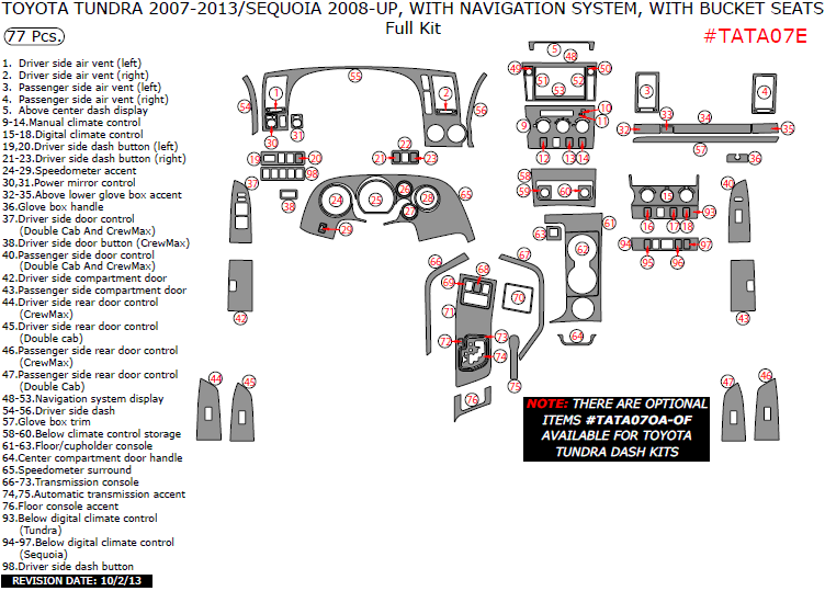 Toyota Sequoia 2008, 2009, 2010, 2011, 2012, 2013, Toyota Tundra 2007-2013, With Navigation System, With Bucket Seats, Full Interior Kit, 77 Pcs. dash trim kits options