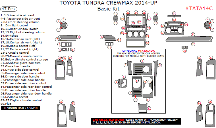 Toyota Tundra 2014, 2015, 2016, 2017, 2018, Basic Interior Kit (CrewMax Only), 47 Pcs. dash trim kits options