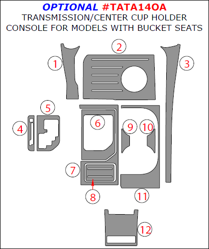 Toyota Tundra 2014, 2015, 2016, 2017, 2018, Interior Dash Kit, Optional Transmission/Center Cup Holder Console For Models With Bucket Seats, 12 Pcs. dash trim kits options