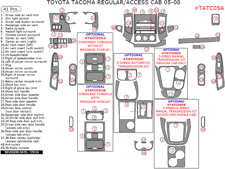 Toyota Tacoma 2005, 2006, 2007, 2008, Interior Dash Kit, Regular/Access Cab, 41 Pcs. dash trim kits options