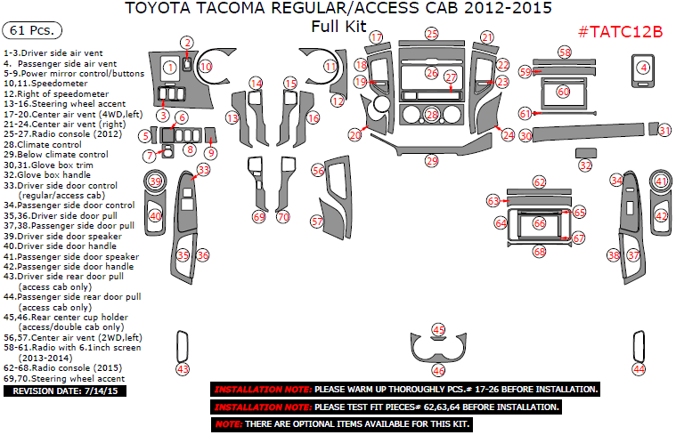 Toyota Tacoma 2012, 2013, 2014, 2015, Full Interior Kit (Regular/Access Cab), 61 Pcs. dash trim kits options