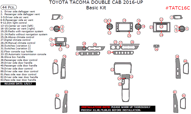 Toyota Tacoma Double Cab 2016, 2017, 2018, Basic Interior Kit, 44 Pcs. dash trim kits options