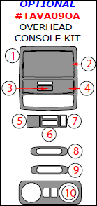 Toyota Venza 2009, 2010, 2011, 2012, 2013, 2014, 2015, Optional Overhead Console Interior Kit, 10 Pcs. dash trim kits options