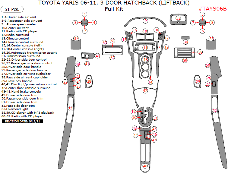 Toyota Yaris 2006, 2007, 2008, 2009, 2010, 2011, 3 Door Hatchback (Liftback), Full Interior Kit, 51 Pcs. dash trim kits options
