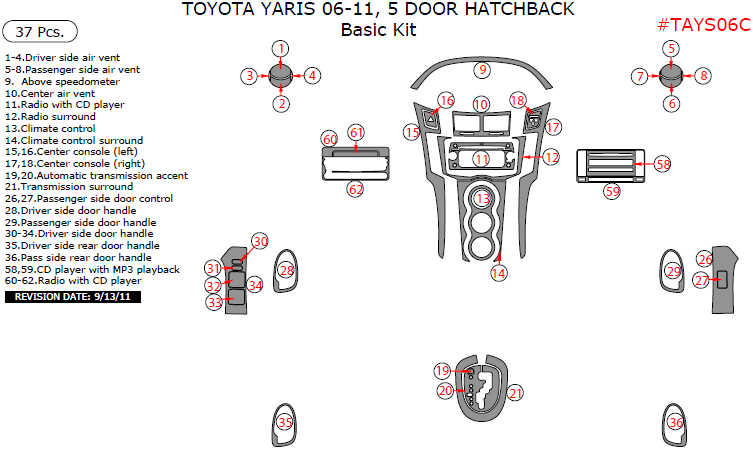 Toyota Yaris 2006, 2007, 2008, 2009, 2010, 2011, 5 Door Hatchback, Basic Interior Kit, 37 Pcs. dash trim kits options