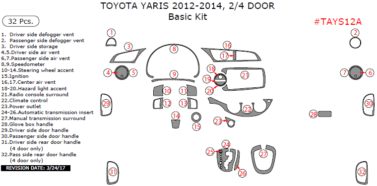 Toyota Yaris 2012, 2013, 2014, 2/4 Door, Basic Interior Kit, 32 Pcs. dash trim kits options