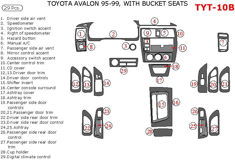 Toyota Avalon 1995, 1996, 1997, 1998, 1999, Interior Dash Kit, Bucket Seats, Without OEM, 29 Pcs. dash trim kits options