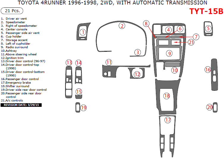 Toyota 4Runner 1996, 1997, 1998, Interior Dash Kit, 2WD, With Automatic Transmission, 21 Pcs. dash trim kits options