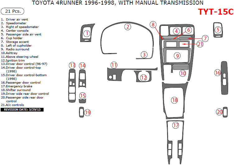 Toyota 4Runner 1996, 1997, 1998, Interior Dash Kit, With Manual Transmission, 21 Pcs. dash trim kits options