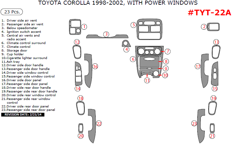 Toyota Corolla 1998, 1999, 2000, 2001, 2002, Interior Dash Kit, With Power Windows, 23 Pcs. dash trim kits options