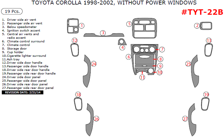 Toyota Corolla 1998, 1999, 2000, 2001, 2002, Interior Dash Kit, Without Power Windows, 19 Pcs. dash trim kits options