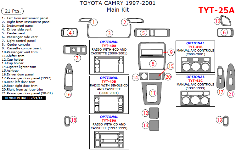 Toyota Camry 1997, 1998, 1999, 2000, 2001, Main Interior Kit, 21 Pcs. dash trim kits options