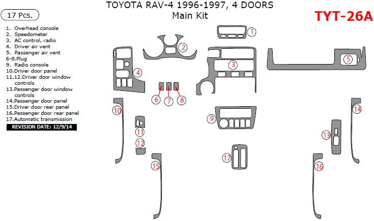 Toyota Rav4 1996-1997, 4 Door, Main Interior Kit, 17 Pcs. dash trim kits options