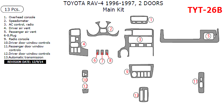 Toyota Rav4 1996-1997, 2 Door, Main Interior Kit, 17 Pcs. dash trim kits options