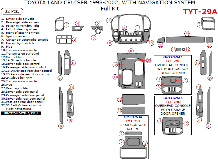 Toyota Land Cruiser 1998, 1999, 2000, 2001, 2002, With Navigation System, Full Interior Kit, 32 Pcs. dash trim kits options