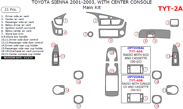 Toyota Sienna 2001, 2002, 2003, With Center Console Interior Kit, Main Interior Kit, 21 Pcs. dash trim kits options