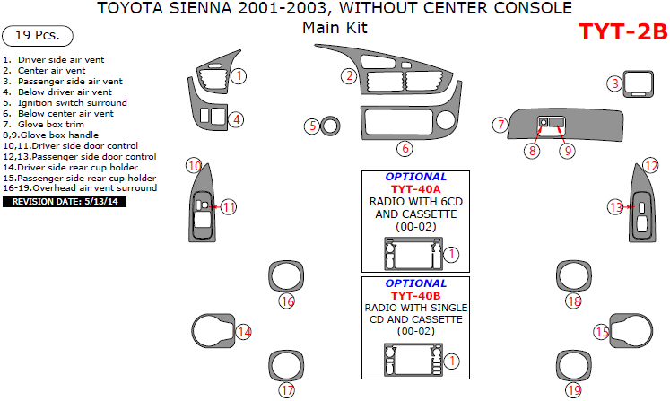 Toyota Sienna 2001, 2002, 2003, Without Center Console Interior Kit, Main Interior Kit, 19 Pcs. dash trim kits options