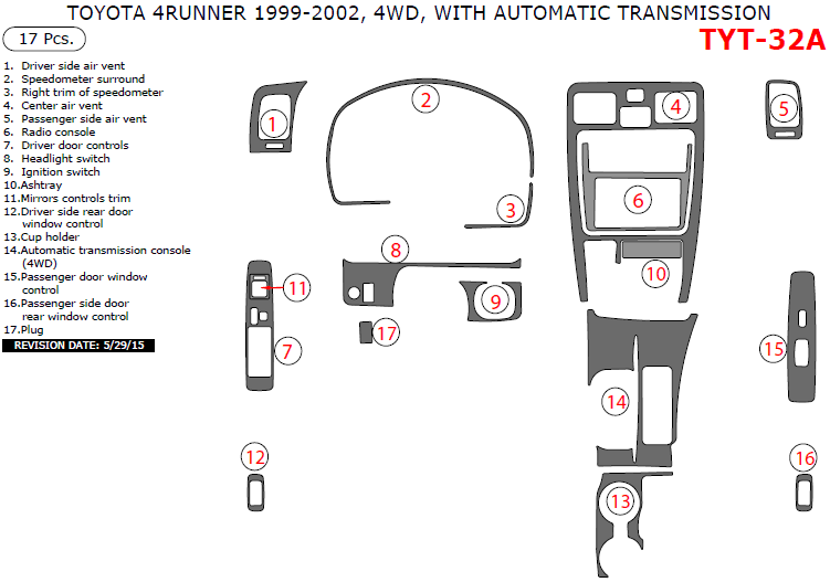 Toyota 4Runner 1999, 2000, 2001, 2002, Interior Dash Kit, 4WD, With Automatic Transmission, 17 Pcs. dash trim kits options