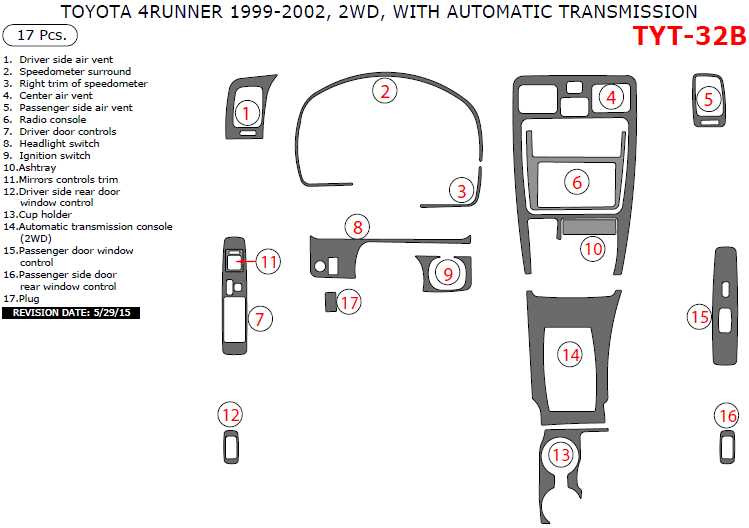 Toyota 4Runner 1999, 2000, 2001, 2002, Interior Dash Kit, 2WD, With Automatic Transmission, 17 Pcs. dash trim kits options