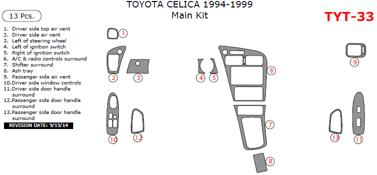 Toyota Celica 1994, 1995, 1996, 1997, 1998, 1999, Main Interior Kit, 13 Pcs. dash trim kits options