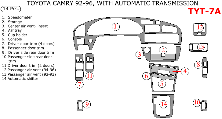 Toyota Camry 1992, 1993, 1994, 1995, 1996, Interior Dash Kit, With Automatic Transmission, 14 Pcs. dash trim kits options