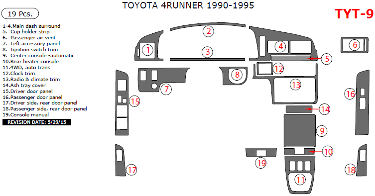 Toyota 4Runner 1989, 1990, 1991, 1992, 1993, 1994, 1995, Main Interior Kit (4Runner), 19 Pcs. dash trim kits options
