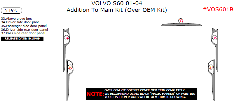 Volvo S60 2001, 2002, 2003, 2004, Addition To Main Interior Kit (Over OEM Kit), 5 Pcs. dash trim kits options