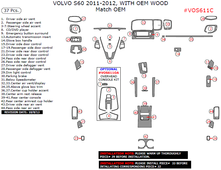 Volvo S60 2011-2012, Interior Dash Kit, With OEM Wood, 37 Pcs., Match OEM dash trim kits options