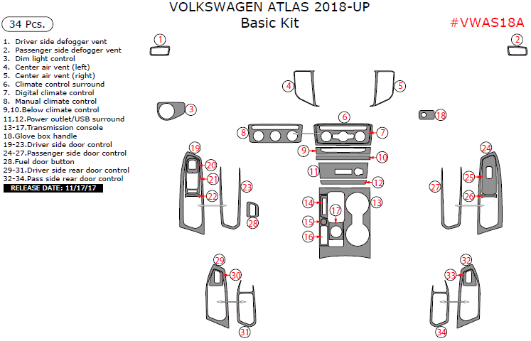 Volkswagen Atlas 2018-2023, Basic Interior Kit, 34 Pcs. dash trim kits options