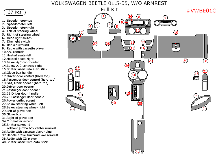 Volkswagen Beetle 2001.5, 2002, 2003, 2004, 2004.5, Without Armrest, Full Interior Kit, 37 Pcs. dash trim kits options