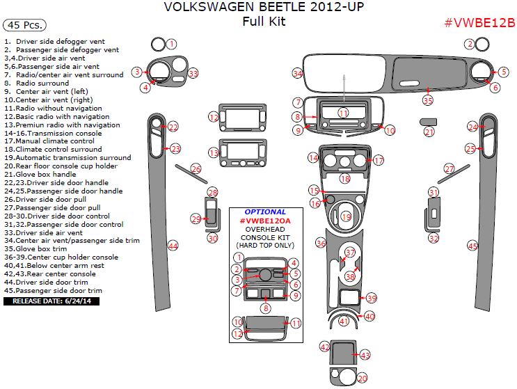 Volkswagen Beetle 2012, 2013, 2014, 2015, Full Interior Kit, 45 Pcs. dash trim kits options
