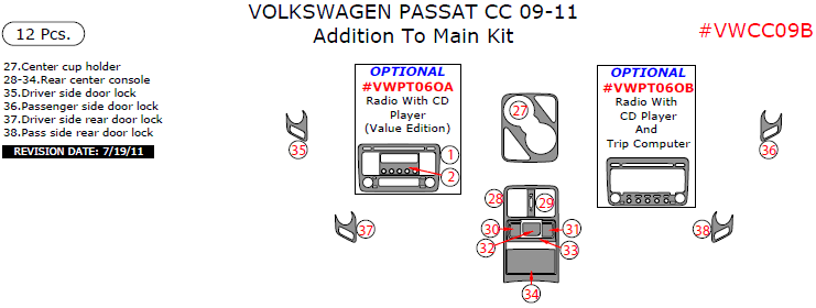 Volkswagen Passat CC 2009, 2010, 2011, Addition To Main Interior Kit, 12 Pcs. dash trim kits options