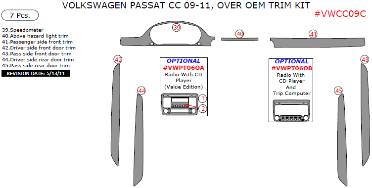 Volkswagen Passat CC 2009, 2010, 2011, Interior Dash Kit, Over OEM Trim Kit, 7 Pcs. dash trim kits options