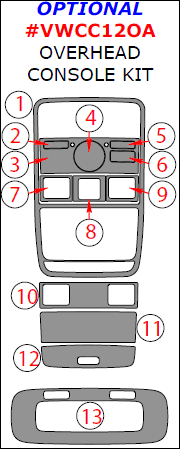 Volkswagen Passat CC 2012, 2013, 2014, 2015, Optional Overhead Console Interior Kit, 13 Pcs. dash trim kits options