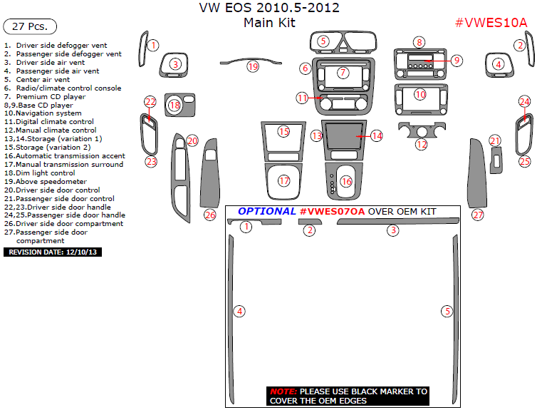 Volkswagen Eos 2010.5, 2011, 2012, Main Interior Kit, 27 Pcs. dash trim kits options