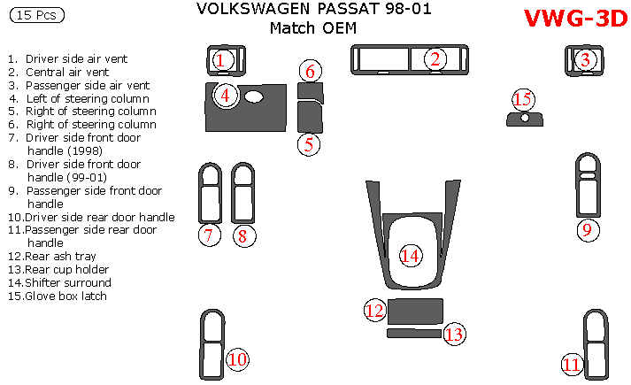 Volkswagen Passat 1998, 1999, 2000, 2001, Interior Dash Kit, Match OEM, 15 Pcs. dash trim kits options
