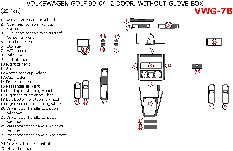 Volkswagen Golf 1999, 2000, 2001, 2002, 2003, 2004, Interior Dash Kit, 2 Door, Without Glove Box, 25 Pcs. dash trim kits options