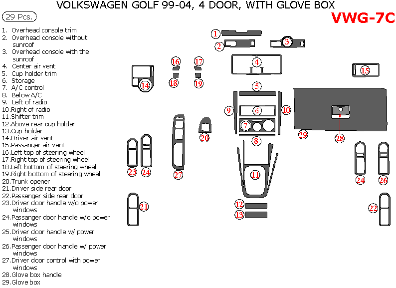 Volkswagen Golf 1999, 2000, 2001, 2002, 2003, 2004, Interior Dash Kit, 4 Door, With Glove Box, 29 Pcs. dash trim kits options